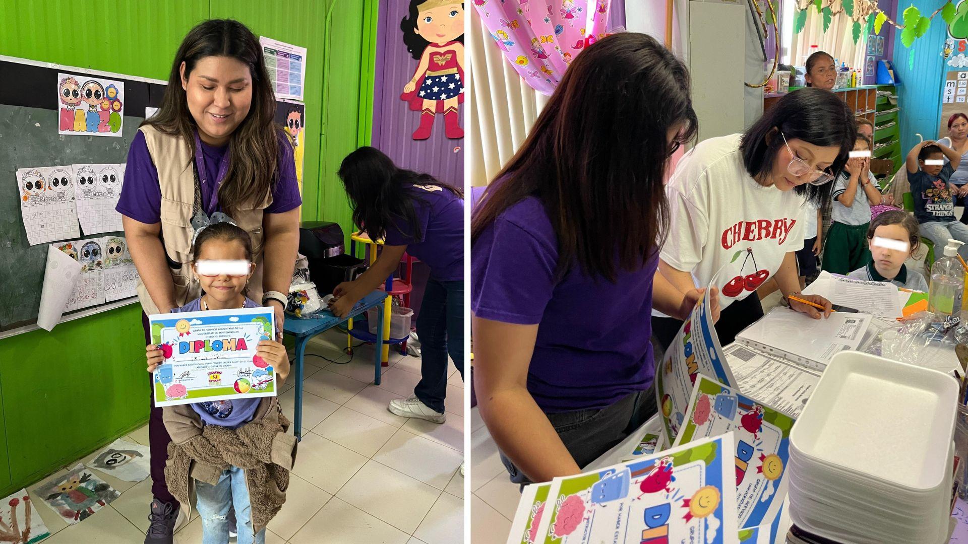 Las intervenciones que se llevaron a cabo abarcaron temas de la higiene bucal hasta el cuidado del medioambiente, con diferentes dinámicas. En la fotografía, alumnos y docentes de la UM entregando los diplomas de participación a los niños. Fotografía cortesía por UPS.