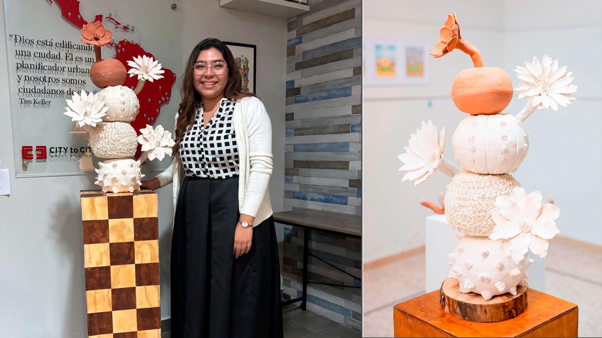 Joseline Castillo, junto a su obra titulada "Fuerza". Fotografía cortesía de Lilian Rojas.&nbsp;&nbsp;