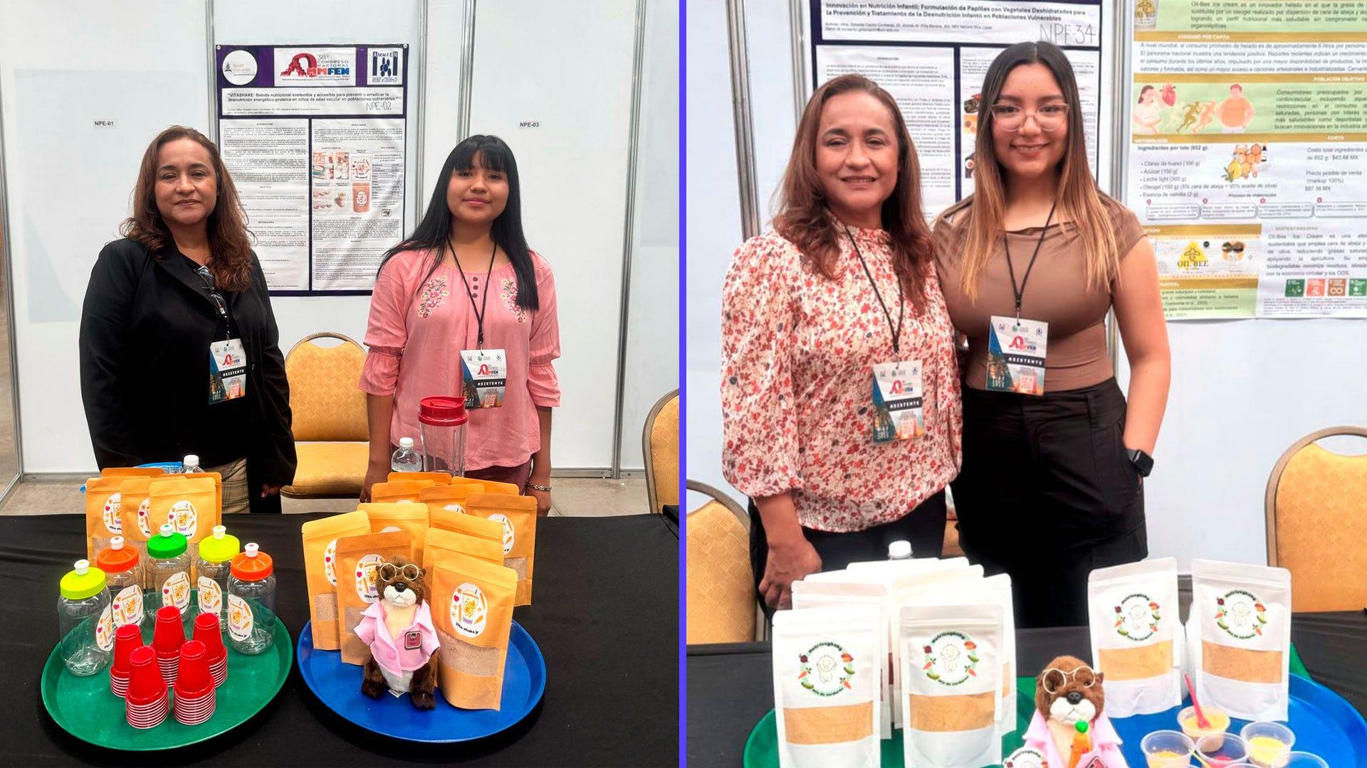 En las fotos la Mtra. Griselda Castro, docente de la carrera de Nutrición y estilo de Vida acompañando a Betsabe Andrade (primera foto lado derecho), y a Nahomi Ríos, ambas estudiantes de la carrera de Nutrición. Fotografía cortesía de Daniela Frutos.