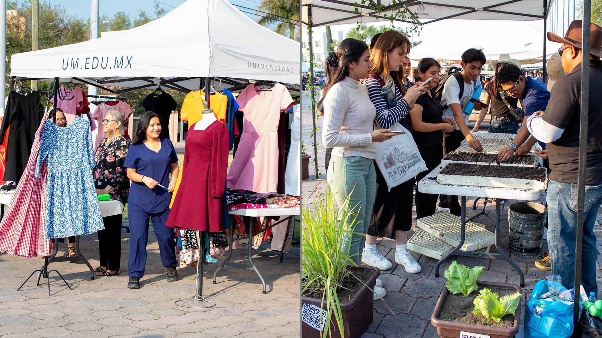 En la fotografía: (Izquierda) Trabajos manuales de corte y confección; (derecha) proyectos de siembra en la finca. Fotografía por: Universidad de Montemorelos / Lisandra Vicente.