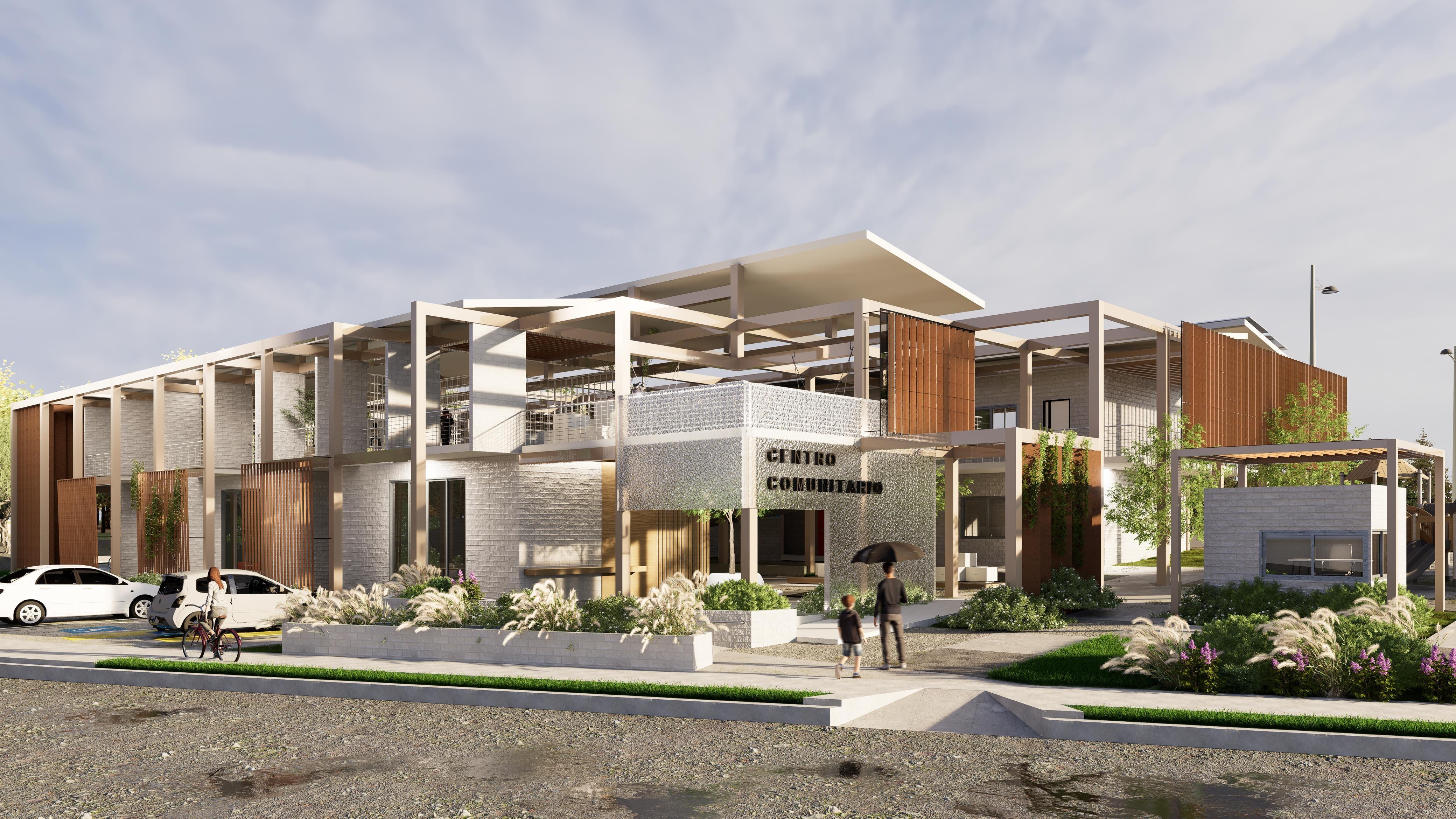 Render del proyecto Tangible, una propuesta de centro comunitario sustentable, fue distinguido con el segundo lugar en la categoría Vox Populi en la Expo Artcom 2025. Fotografía cortesía de Naomi García.