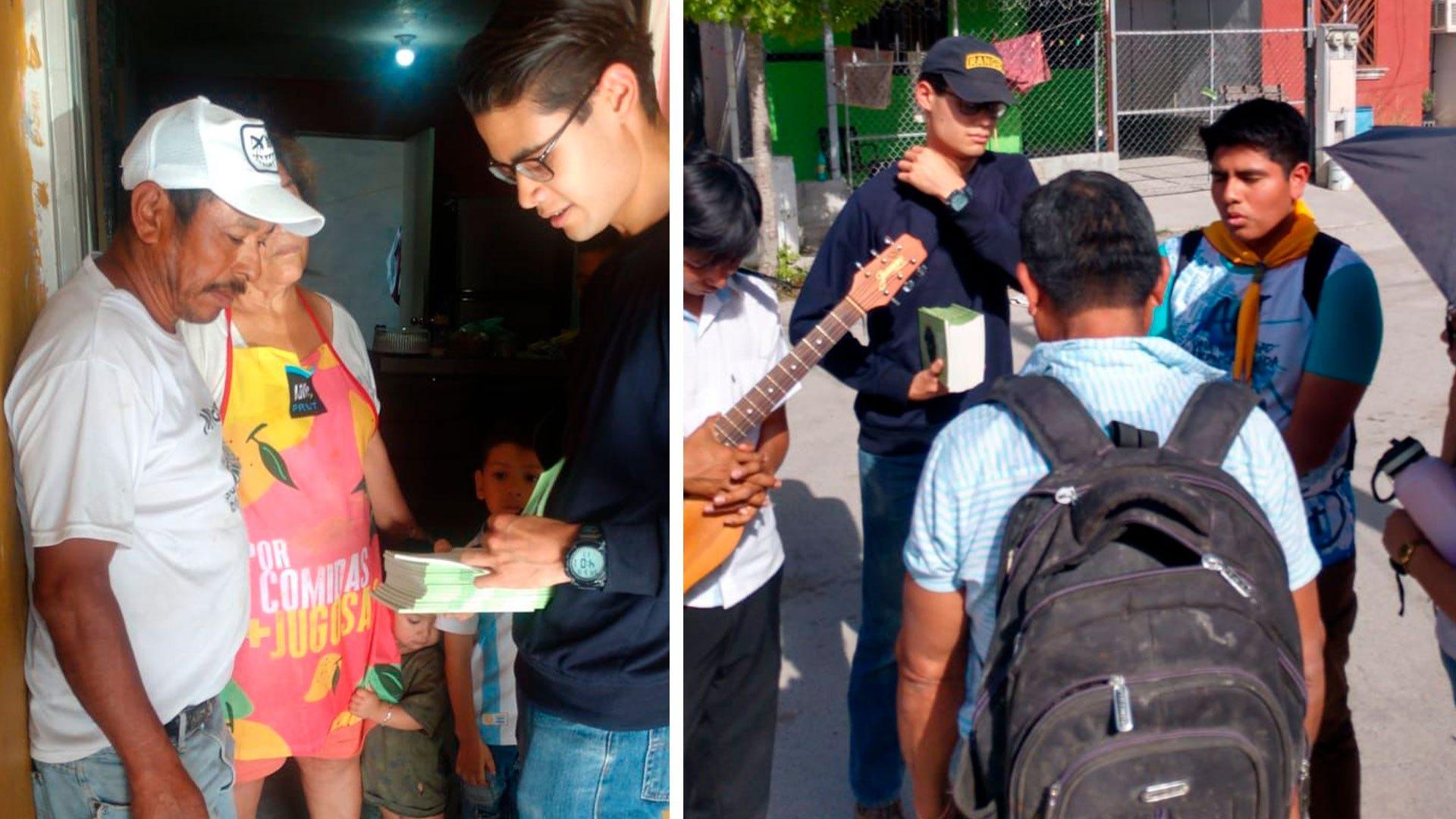 Jóvenes en la localidad Los Azahares visitando familias, orando y obsequiando libros. Fotografía cortesía de Ministerio Juvenil / Eliasib Pérez.