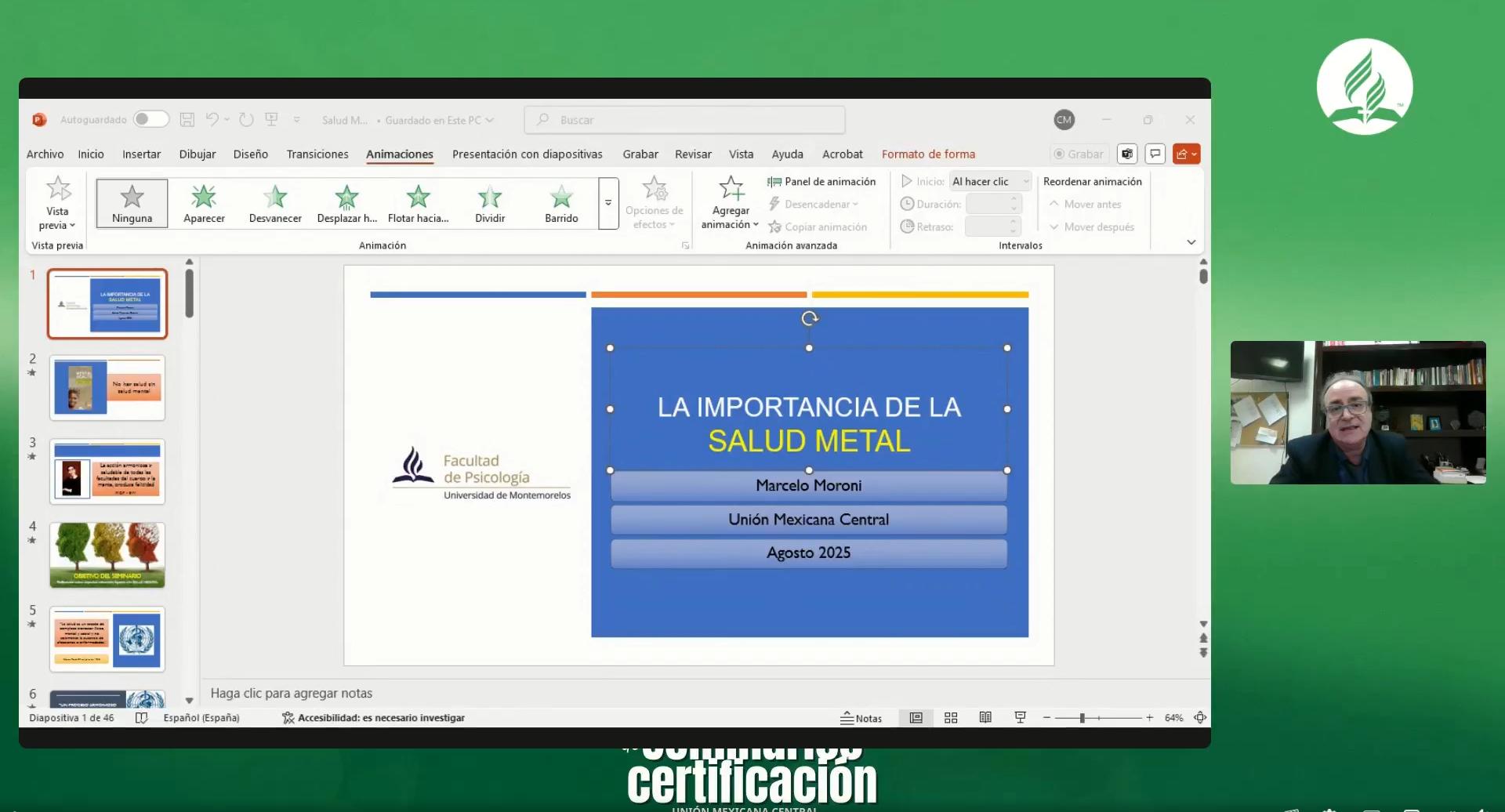 La presentación del Dr. Marcelo Moroni, fue realizada a través de la plataforma Zoom. Imagen capturada de Zoom.