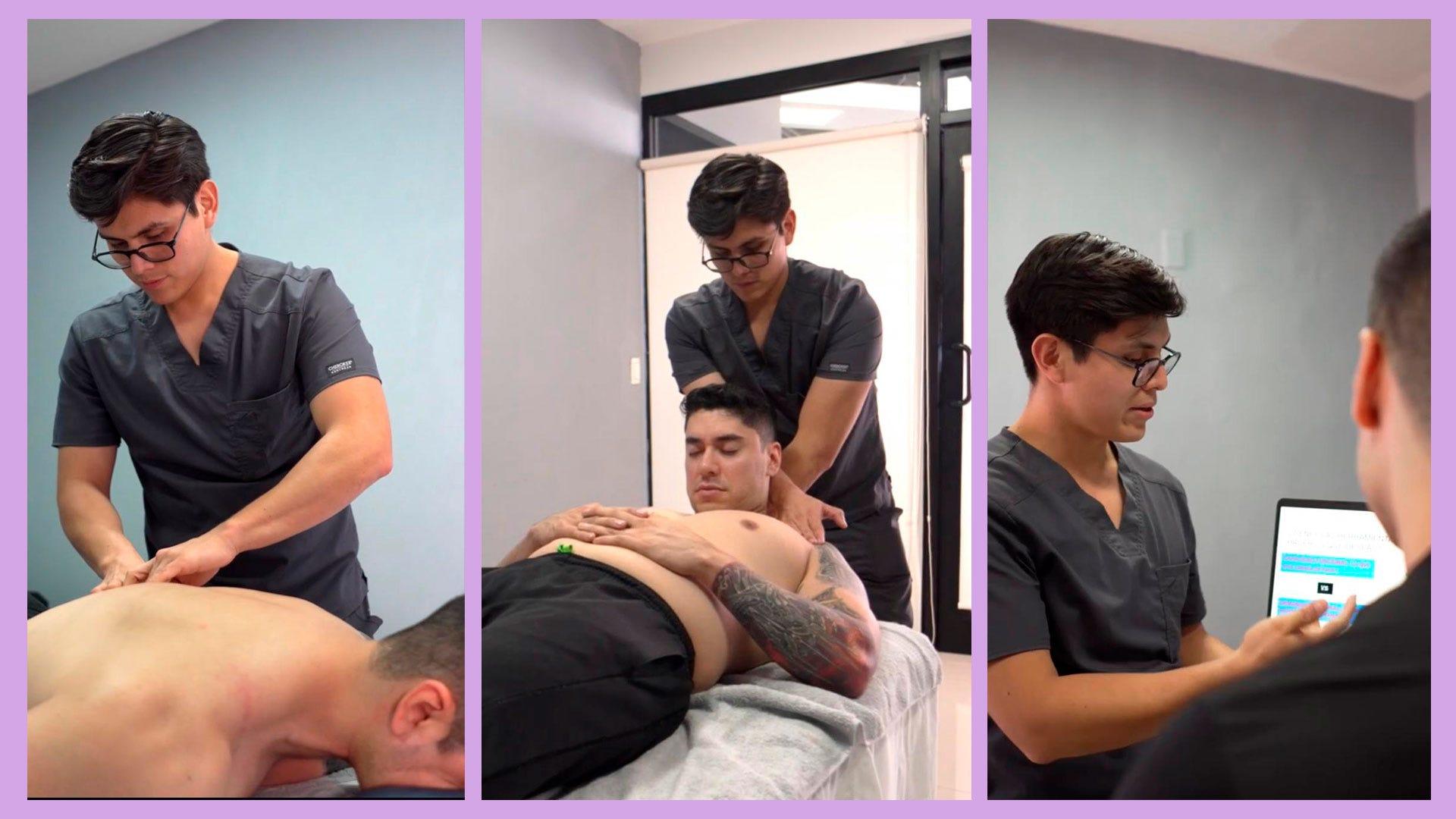 Franklin realizando fisioterapia a un paciente. Fotografía por: Franklin Córdova.