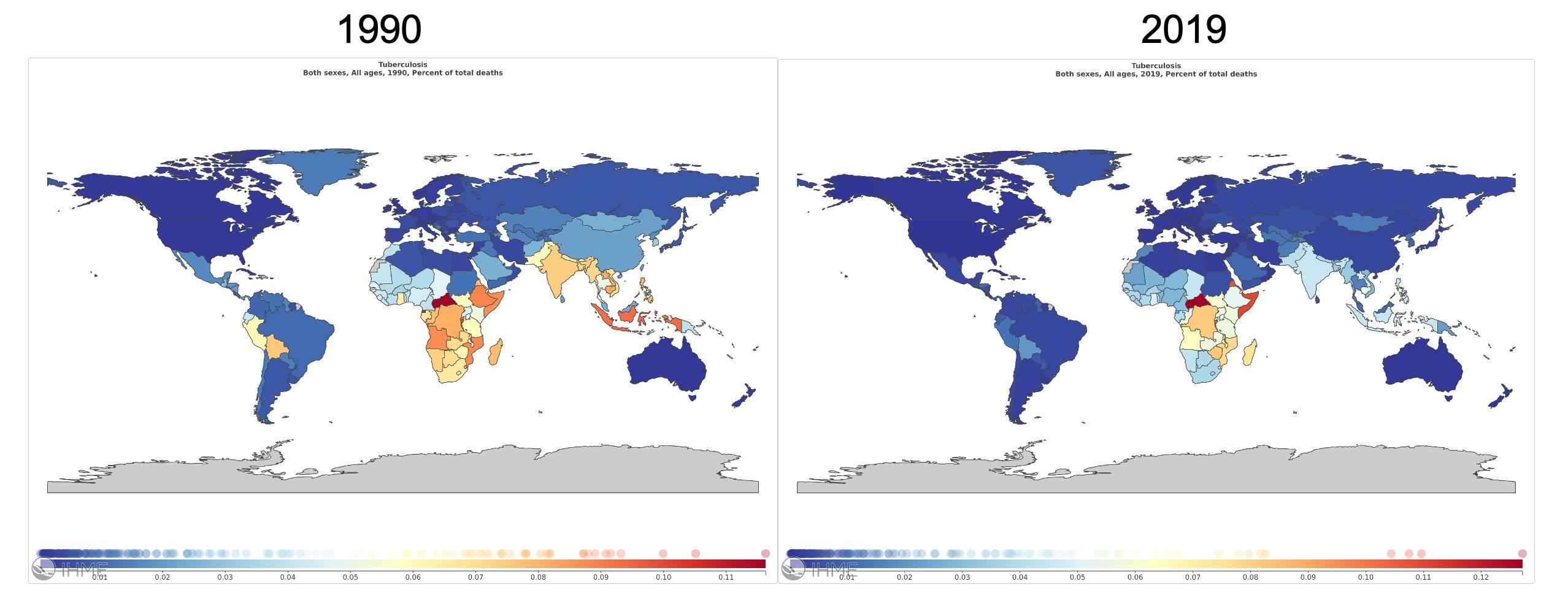 Mapa del porcentaje del total de muertes por tuberculosis en ambos sexos, todas las edades.