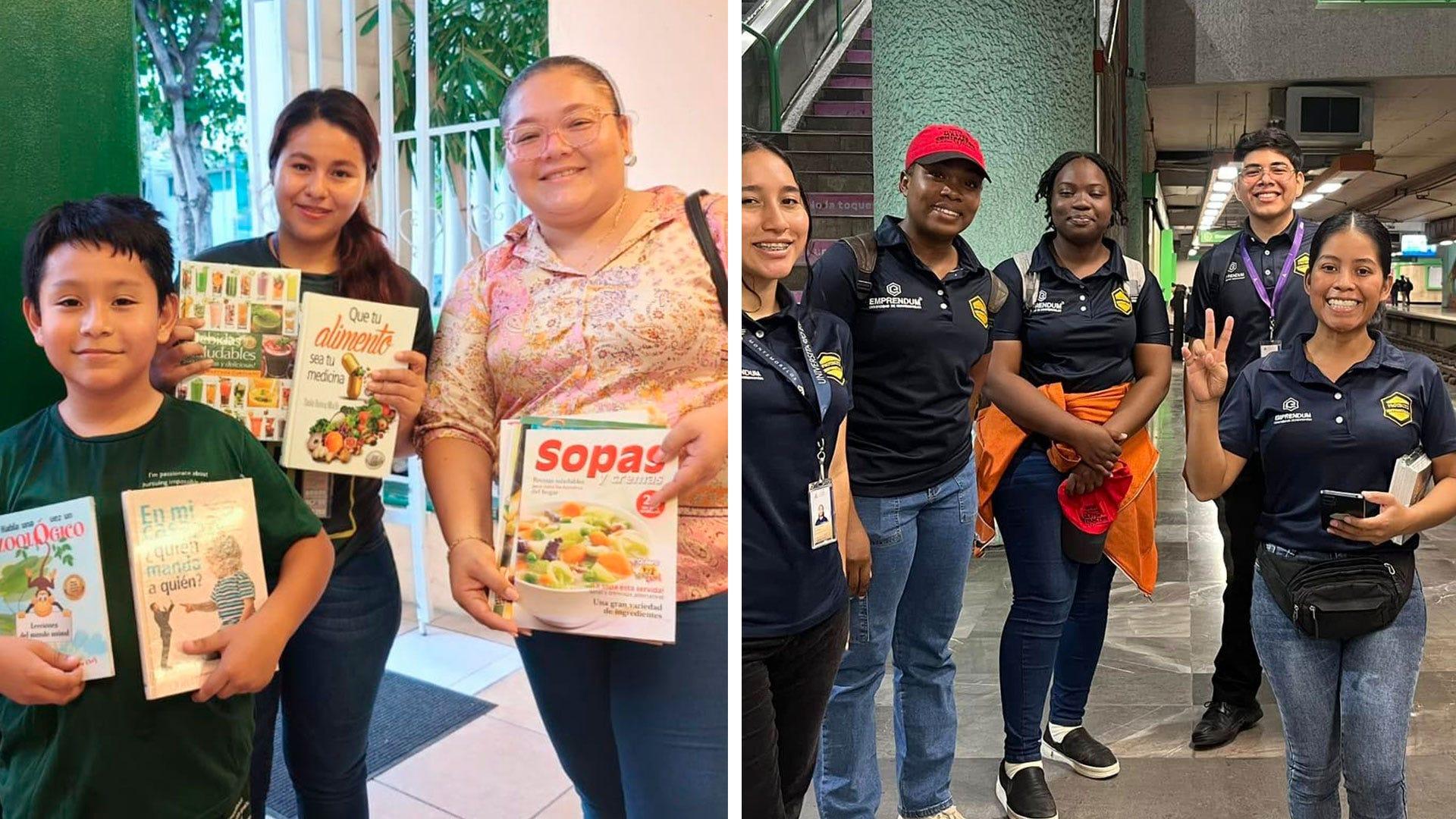 &nbsp;En la fotografía izquierda, se muestra a Damaris junto a una familia mientras le ofrece material con el que colporta. En la foto de la derecha, Juan Manuel junto a sus compañeros durante una campaña de colportaje. Fotografía cortesía de Damaris.