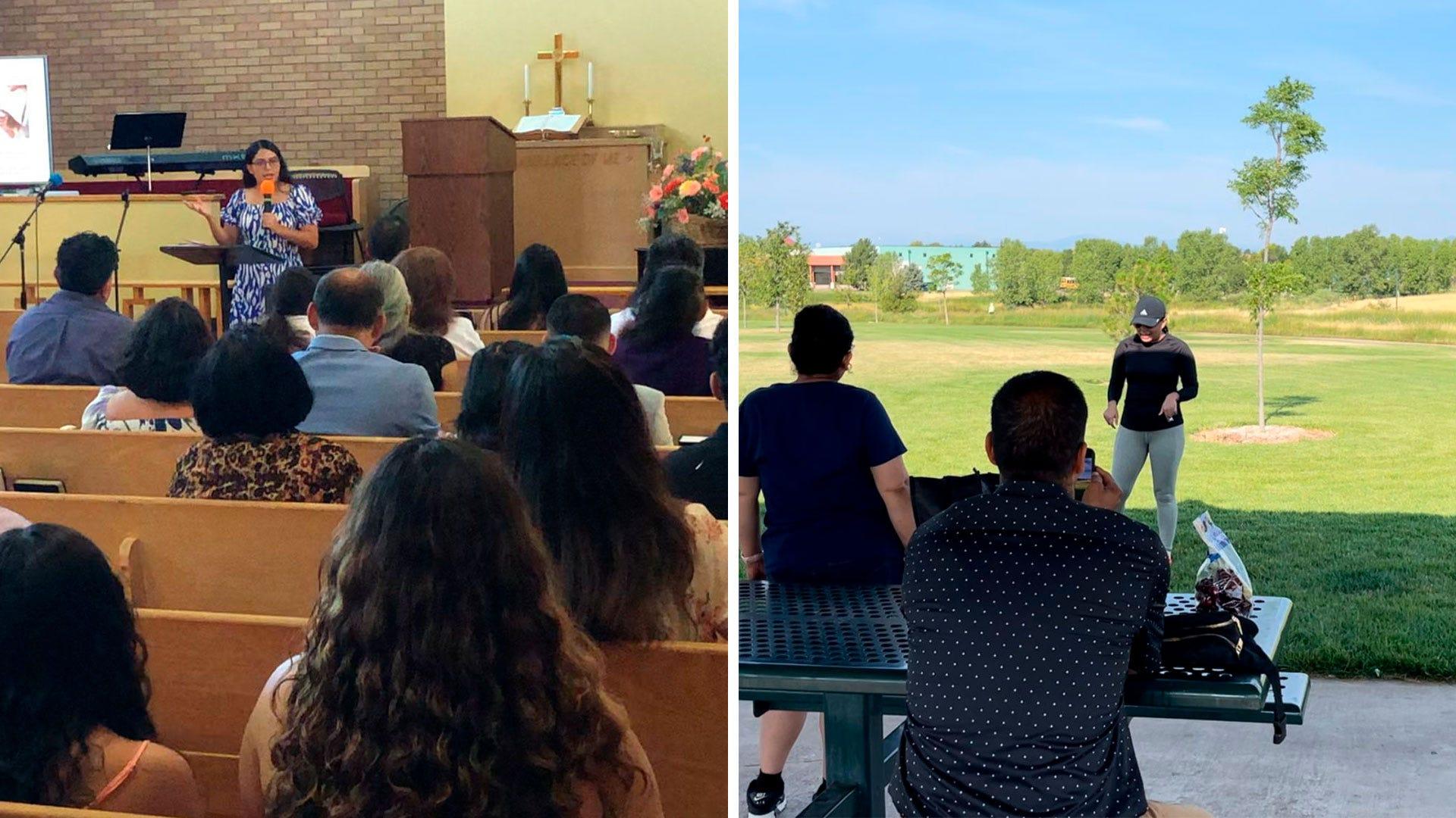 El acrónimo ADELANTE encapsula los principios fundamentales para gozar de salud física,  mental y espiritual. En la fotografía la maestra Ríos presentando y realizando actividades prácticas en el seminario en Aurora, Colorado. Fotografía por: Leonardo Jiménez.