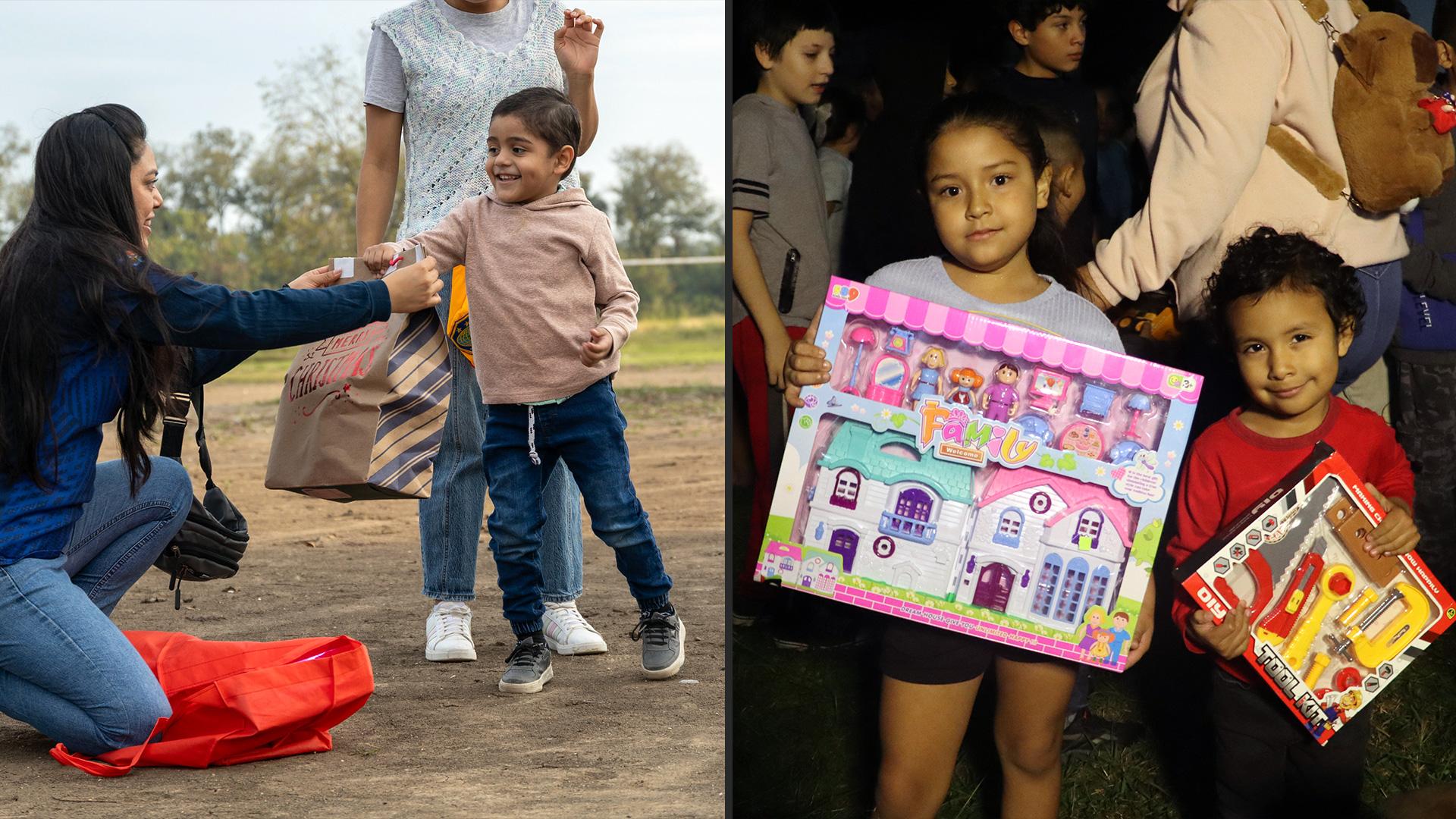 Niños de la colonia Infonavit (izquierda) y la colonia Azahares (derecha) recibiendo los regalos que fueron donados por las familias de la Universidad de Montemorelos en diciembre de 2025. Fotografía por: Universidad de Montemorelos / Salma Ruiz..