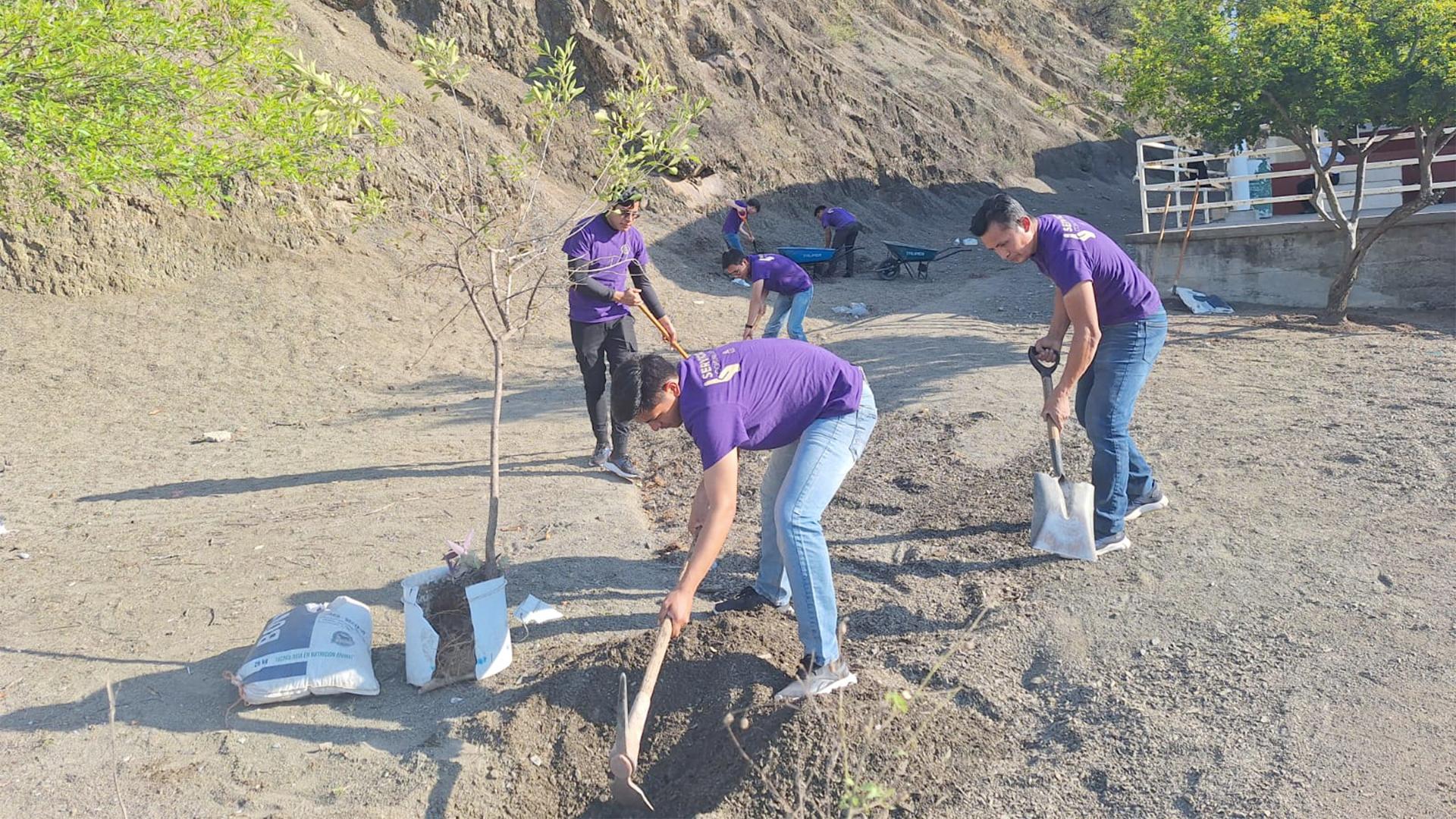 Alumnos de la carrera de Teología sembrando árboles en el campo de la Escuela Primaria Lic. Luis de la Garza Parás. Fotografía cortesía de Héctor Armenta.