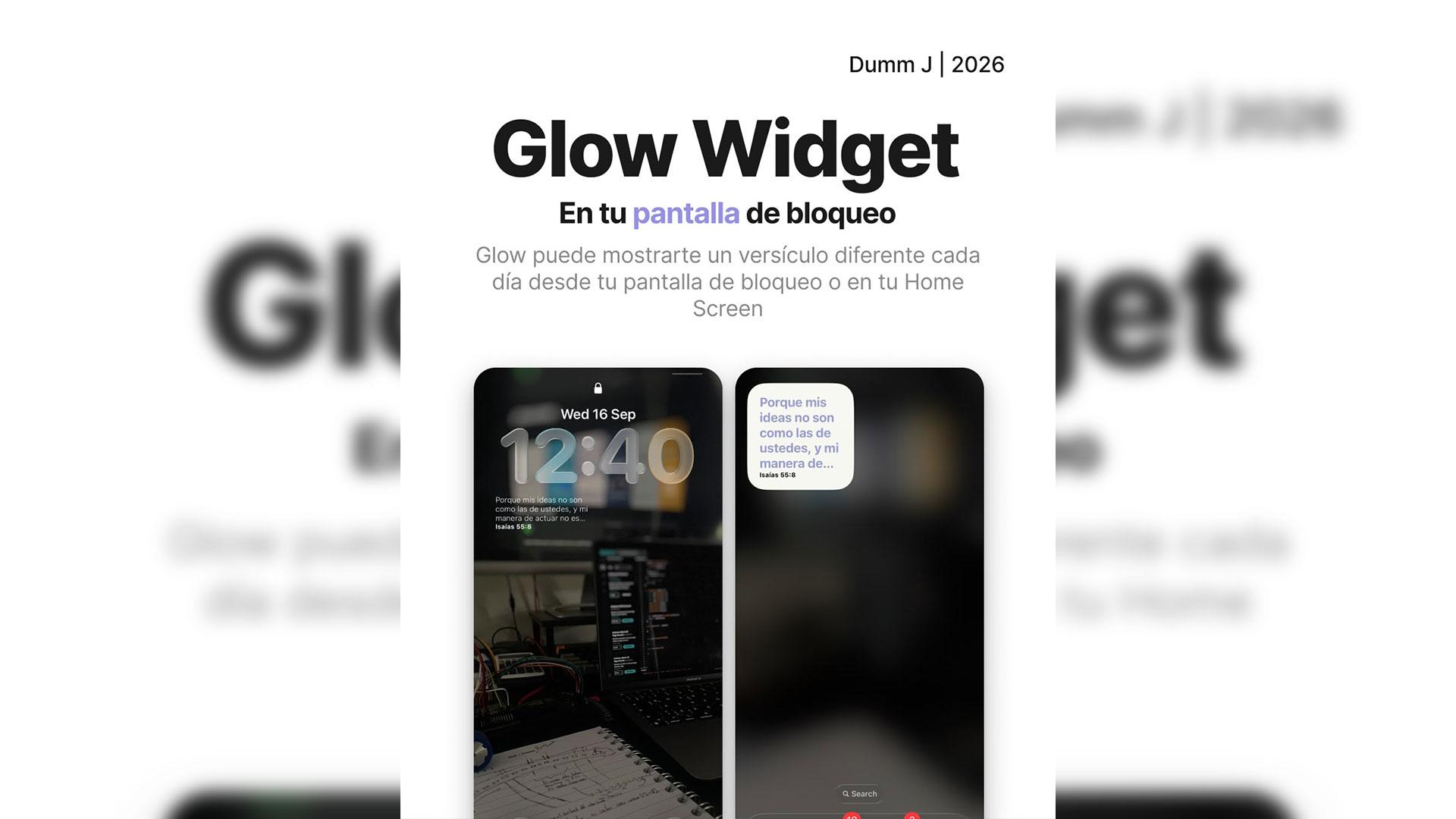 Glow, aplicación desarrollada por José David García, ofrece un versículo bíblico nuevo cada día mediante widgets para la pantalla de inicio o bloqueo. Imagen cortesía de José David García.